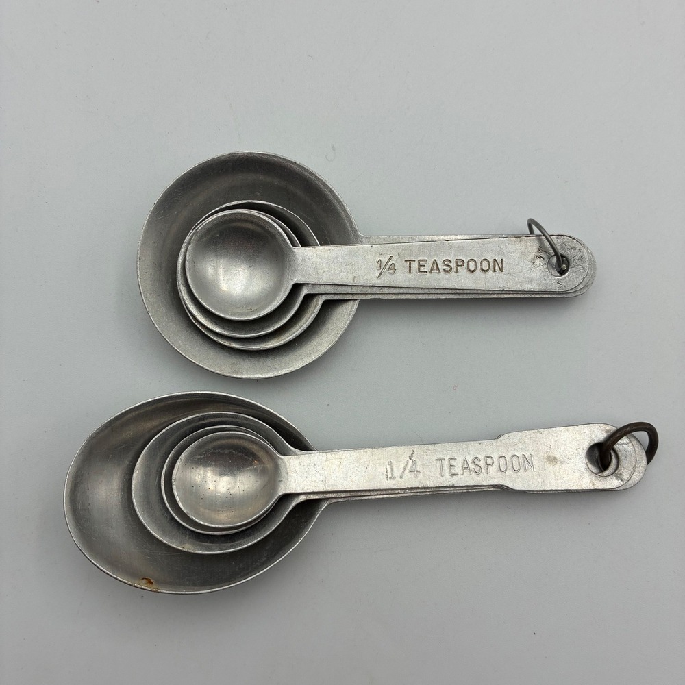 Vintage Aluminum Measuring Spoons Set 2 Round and Oval Mid Century Kitchenware